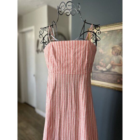 GAP Linen Blend Empire Waist Maxi Orange Coral Stripe Dress Size 0 Petite - Picture 3 of 8
